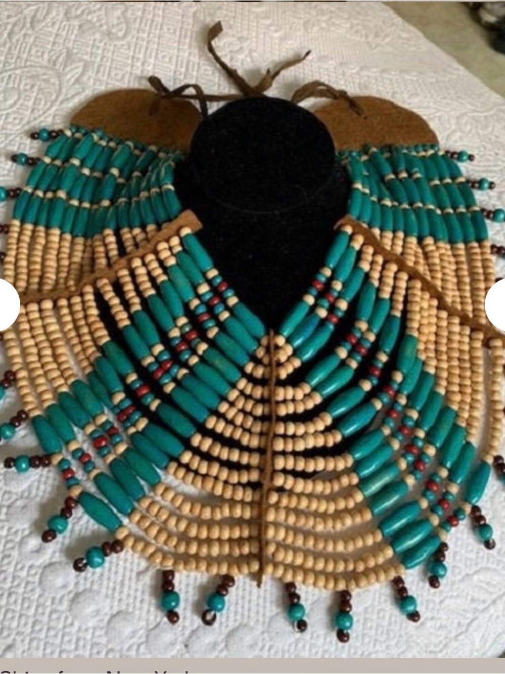 Vintage Huge Wooden Turquoise, Creme, Brown And Red Bead Bib Necklace
